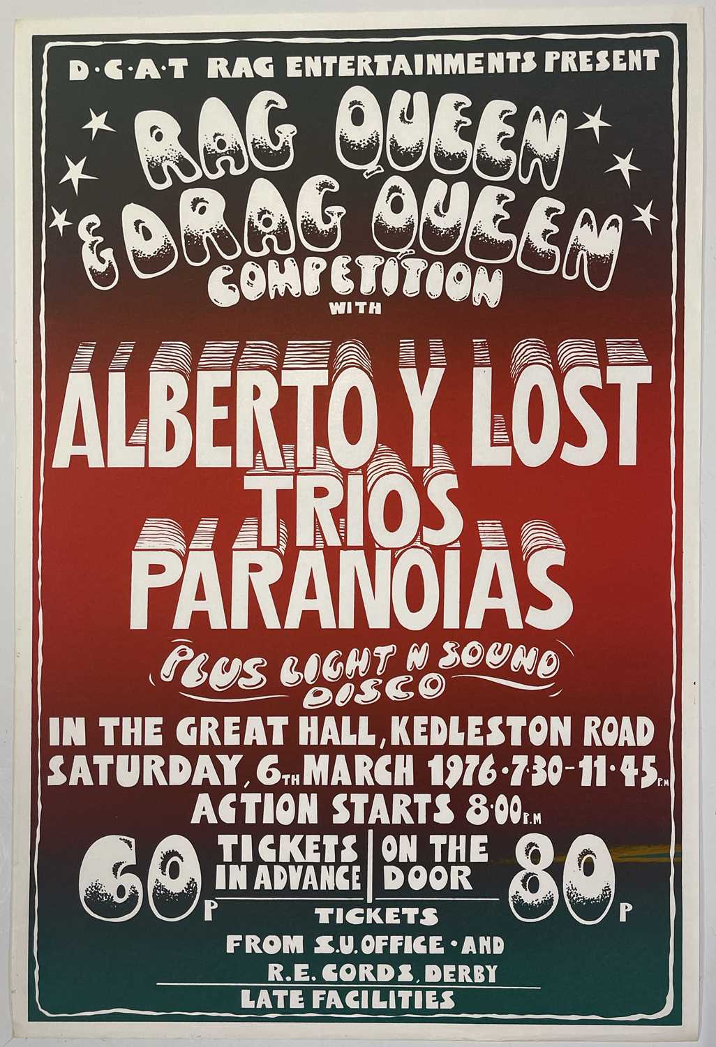 Lot 147 - ALBERTO Y LOS TRIOS PARANOIAS - ORIGINAL 1976 DERBY CONCERT POSTER.