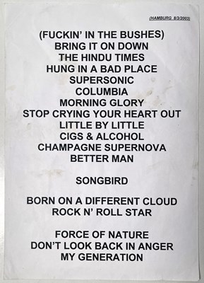 Lot 484 - OASIS - HAMBURG SETLIST MARCH 2003.