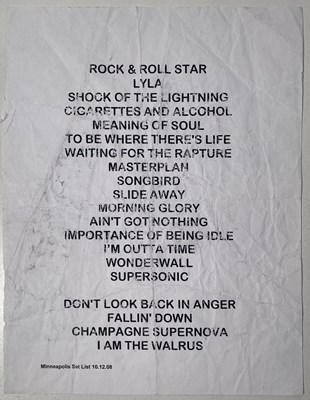 Lot 485 - OASIS - MINNEAPOLIS SETLIST DECEMBER 2008.