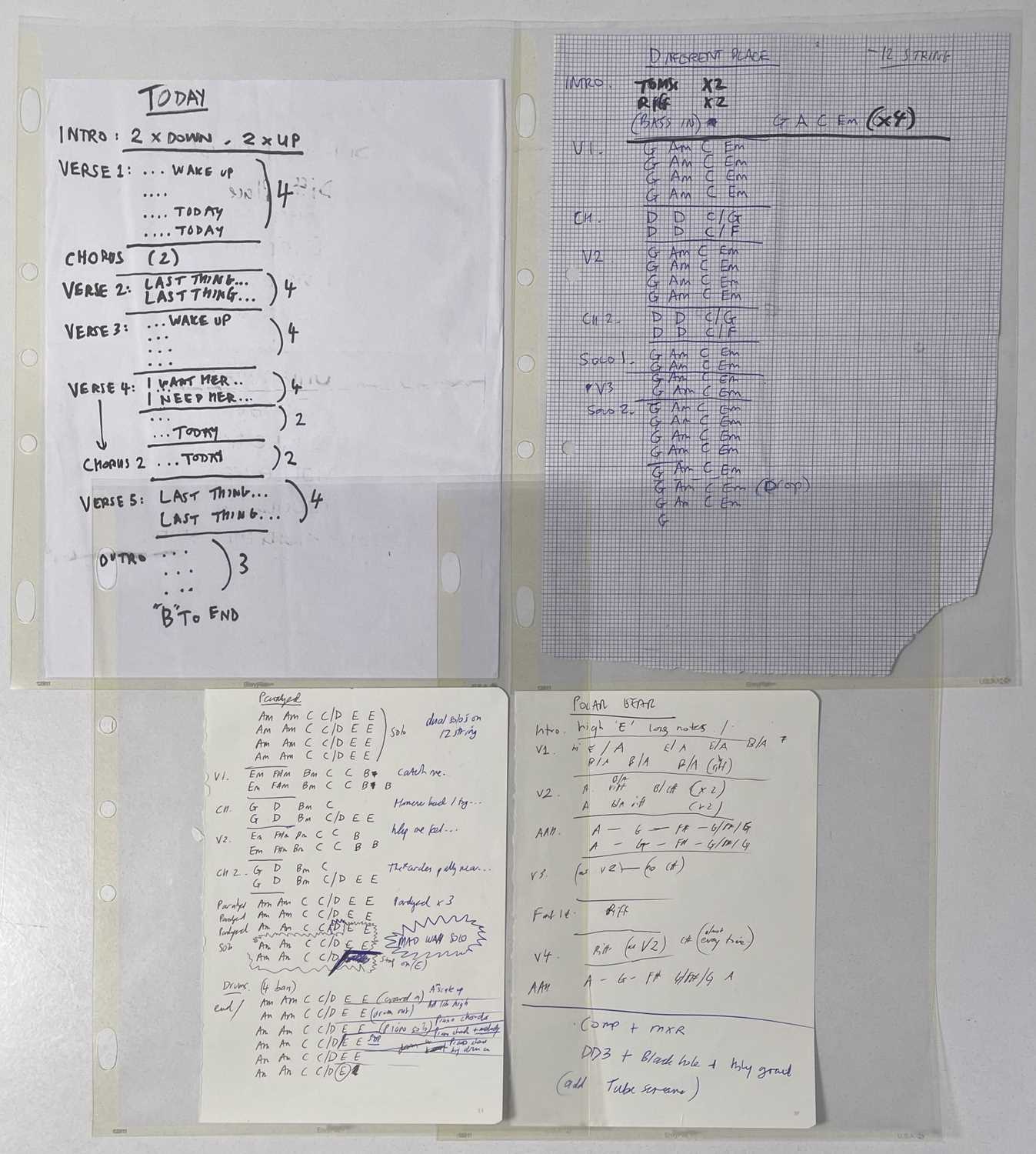 Lot 469 - RIDE - HANDWRITTEN CHORD SHEETS AND LYRICS FOR NOWHERE LP.