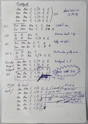 Lot 469 - RIDE - HANDWRITTEN CHORD SHEETS AND LYRICS FOR NOWHERE LP.