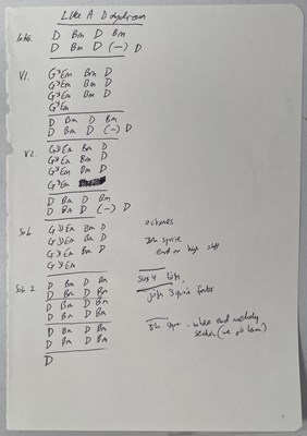 Lot 471 - RIDE - ANDY BELL HANDWRITTEN CHORD SHEETS AND LYRICS.