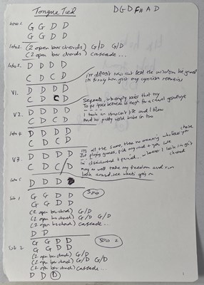 Lot 471 - RIDE - ANDY BELL HANDWRITTEN CHORD SHEETS AND LYRICS.