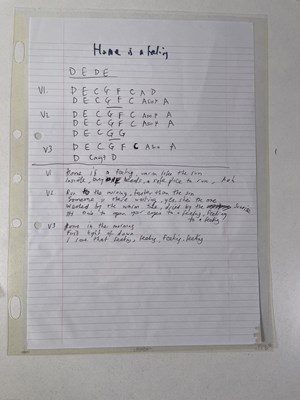 Lot 474 - RIDE -ANDY BELL HANDWRITTEN CHORD SHEETS AND LYRICS.