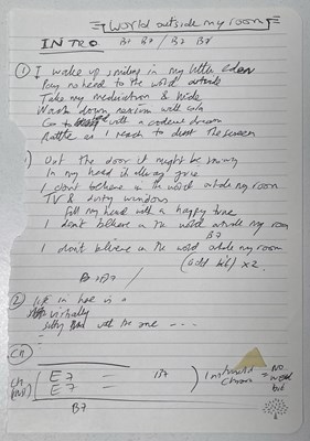 Lot 490 - OASIS / BEADY EYE INTEREST - ANDY BELL HANDWRITTEN LYRICS FOR WORLD OUTSIDE MY ROOM.