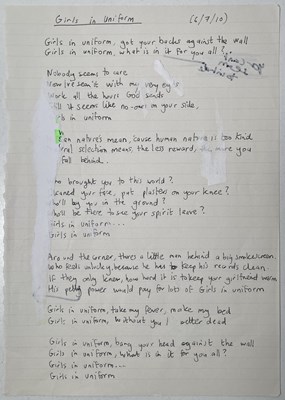 Lot 491 - OASIS / BEADY EYE INTEREST - ANDY BELL HANDWRITTEN LYRICS FOR 'GIRLS IN UNIFORM'.