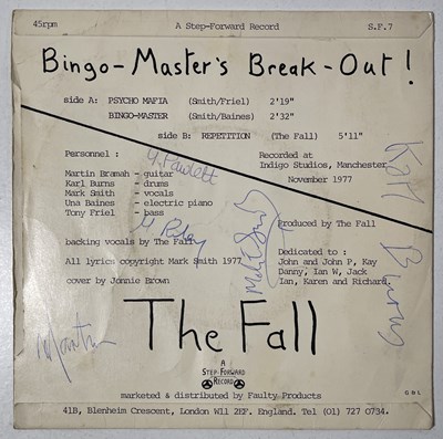 Lot 452 - MARK E. SMITH / THE FALL - FULLY SIGNED BINGO MASTER'S BREAK OUT 7".