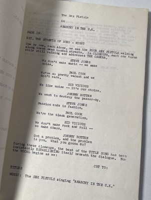 Lot 529 - THE SEX PISTOLS - EARLY DRAFT SCRIPT FOR 'WHO KILLED BAMBI' WITH ALTERNATE TITLE 'ANARCHY IN THE UK' (1977).