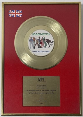 Lot 259 - MADNESS - ORIGINAL BPI GOLD DISC AWARD PRESENTED TO CHRIS FOREMAN FOR 'IT MUST BE LOVE' (1981).