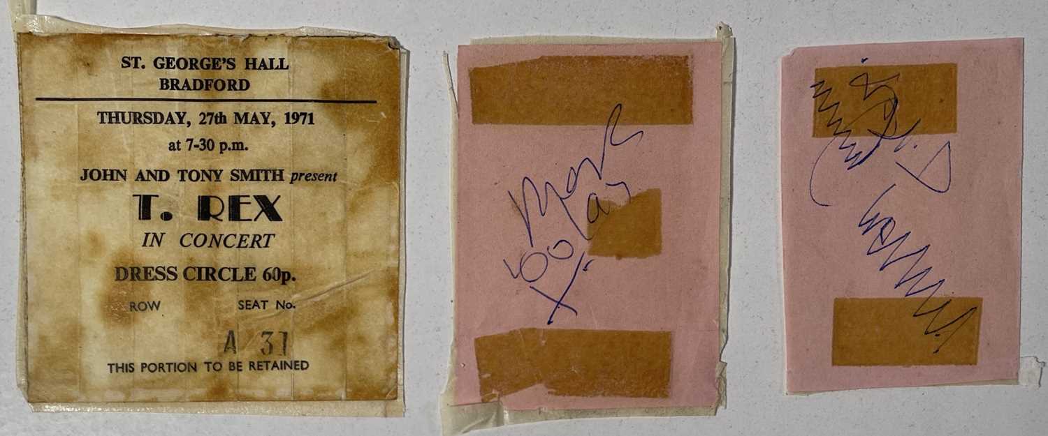 Lot 385 - T. REX / MARC BOLAN - BOLAN AND FINN AUTOGRAPHS AND CONCERT TICKET STUB.