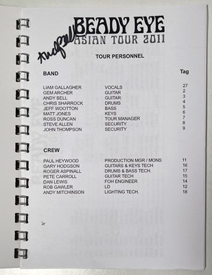 Lot 493 - OASIS INTEREST - ANDY BELL OWNED AND SIGNED BEADY EYE TOUR ITINERARIES.