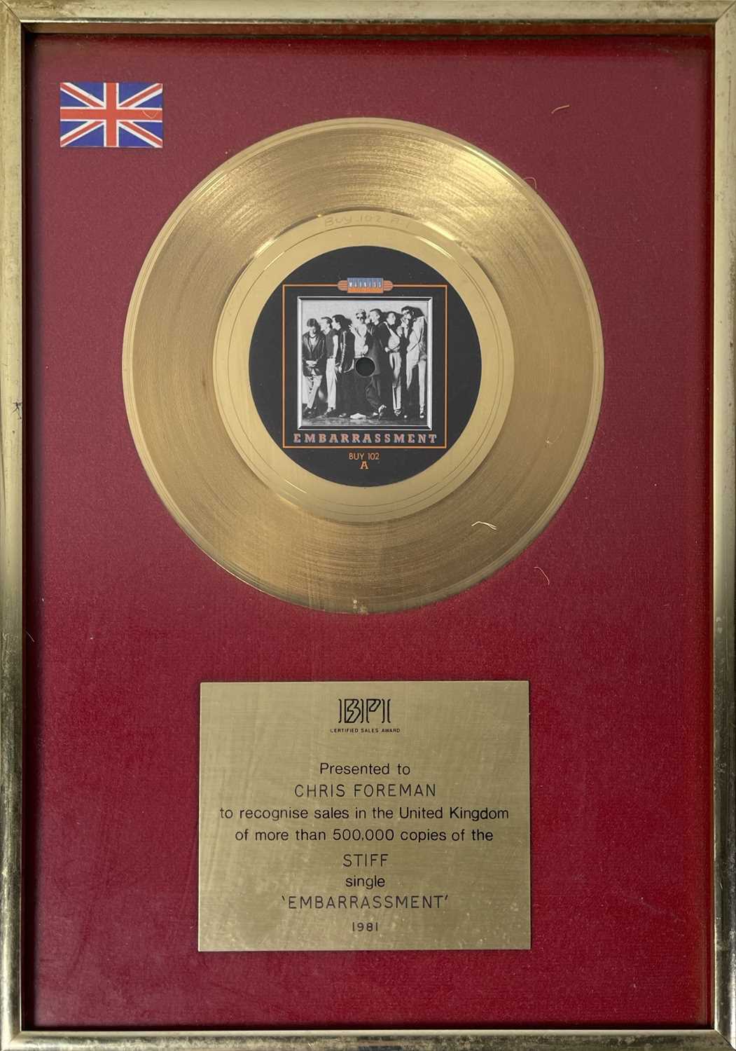 Lot 261 - MADNESS - ORIGINAL BPI GOLD DISC AWARD PRESENTED TO CHRIS FOREMAN FOR 'EMBARRASSMENT' (1981)