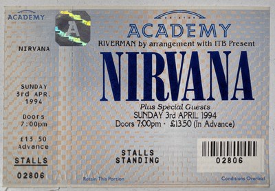 Lot 108 - NIRVANA - COMPLETE AND UNUSED TICKET FOR BRIXTON ACADEMY, APRIL 1994.