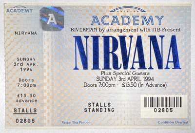 Lot 132 - NIRVANA - COMPLETE AND UNUSED TICKET FOR BRIXTON ACADEMY, APRIL 1994.