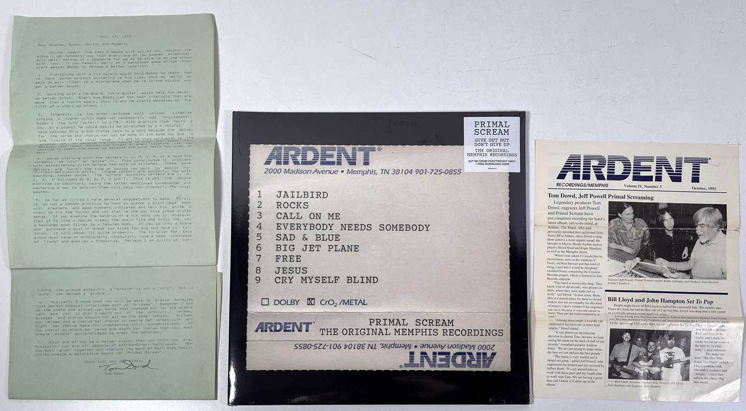 Lot 22 - THE MARTIN DUFFY COLLECTION - A LETTER FROM PRODUCER TOM DOWD TO THE BAND APPRAISING THEIR RECORDING OF 'GIVE OUT...' 1993.