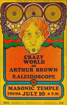 Lot 102 - ARTHUR BROWN / KALEIDOSCOPE - ORIGINAL 1969 JIM BLASHFIELD CONCERT POSTER.