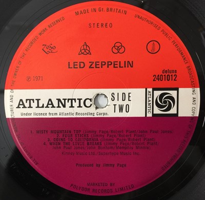 Lot 5 - LED ZEPPELIN - IV LP (UK OG - PLUM/ RED ATLANTIC - INVERTED FEATHER - 2401012)