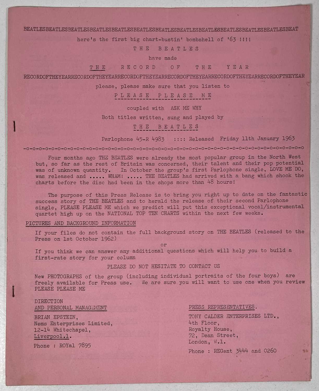 Lot 345 - THE BEATLES - AN EARLY PRESS RELEASE FOR