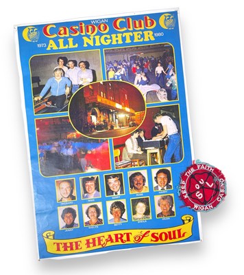 Lot 229 - NORTHERN SOUL INTEREST - ORIGINAL 1980 WIGAN CASINO POSTER AND BADGE.