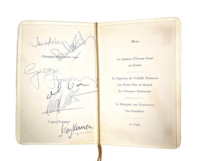 Lot 330 - THE BEATLES - A FULLY SIGNED HELP! ROYAL PREMIERE MENU CARD.