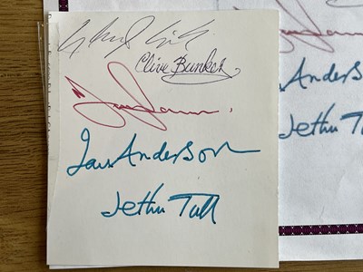 Lot 257 - JETHRO TULL SIGNED CARD. A piece of 3"x3" card...