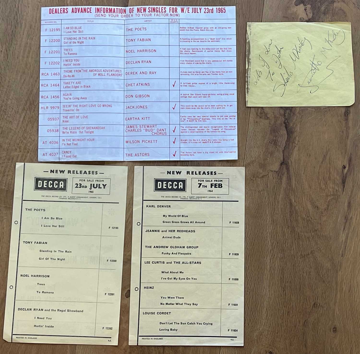 Lot 259 THE POETS SIGNED PAGE AND 3 RECORD LABEL