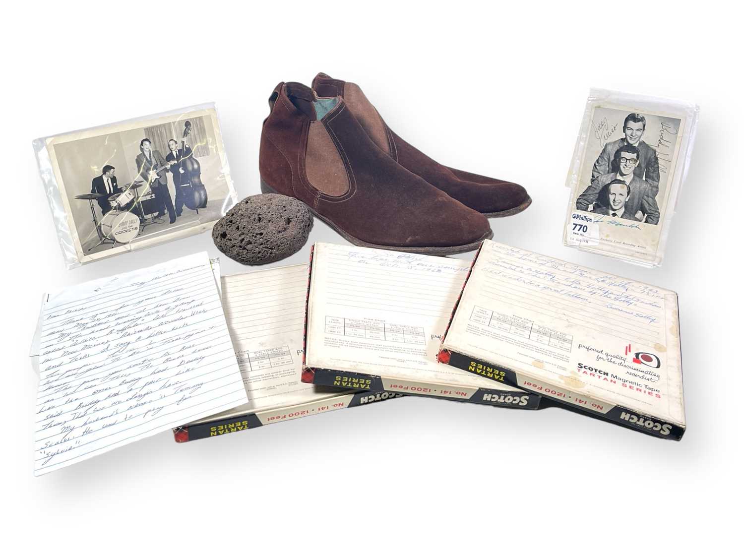 Lot 353 - BUDDY HOLLY - OWNED AND WORN BOOTS, A FULLY SIGNED POSTCARD, INTERVIEWS WITH PARENTS AND MORE.