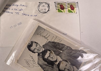 Lot 353 - BUDDY HOLLY - OWNED AND WORN BOOTS, A FULLY SIGNED POSTCARD, INTERVIEWS WITH PARENTS AND MORE.