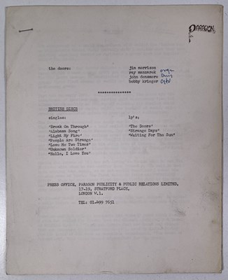 Lot 46 - THE DOORS - ORIGINAL 1968 PRESS RELEASE/BIOGRAPHY.