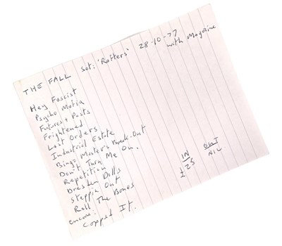 Lot 476 - MARK E. SMITH / THE FALL - HANDWRITTEN SET LIST FOR RAFTERS, OCT 1978.