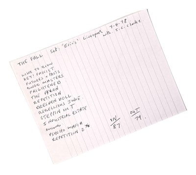 Lot 477 - MARK E. SMITH / THE FALL - HANDWRITTEN SET LIST FOR ERIC'S LIVERPOOL, 1978.