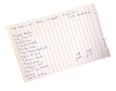 Lot 479 - MARK E. SMITH / THE FALL - HANDWRITTEN SET LIST FOR ERIC'S LIVERPOOL, 1977.