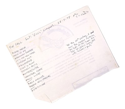 Lot 480 - MARK E. SMITH / THE FALL - HANDWRITTEN SET LIST FOR ERIC'S. 1978.