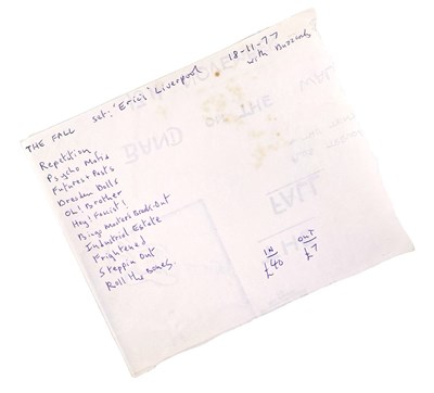 Lot 481 - MARK E. SMITH / THE FALL - HANDWRITTEN SET LIST FOR ERIC'S ON REVERSE OF BAND ON THE WALL HANDBILL.