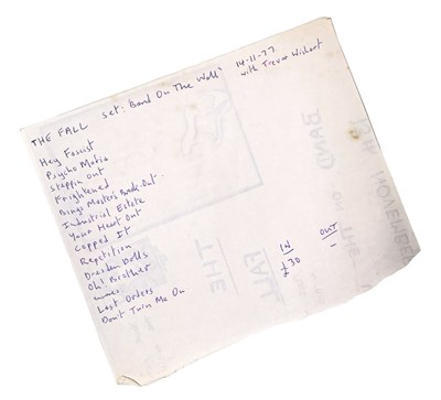 Lot 482 - MARK E. SMITH / THE FALL - HANDWRITTEN SET LIST FOR BAND ON THE WALL HANDBILL.