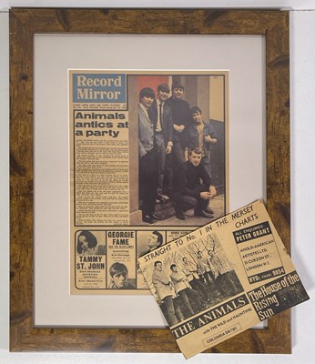 Lot 260 - THE ANIMALS - FULLY SIGNED NEWSPAPER CUTTING AND FRAMED RECORD MIRROR PAGE.