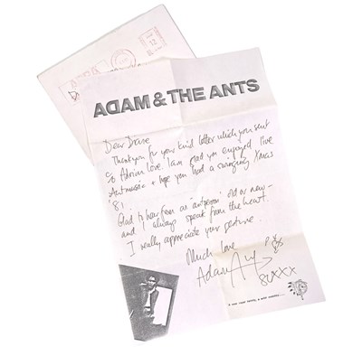 Lot 266 - ADAM ANT - HANDWRITTEN AND FULLY SIGNED LETTER.