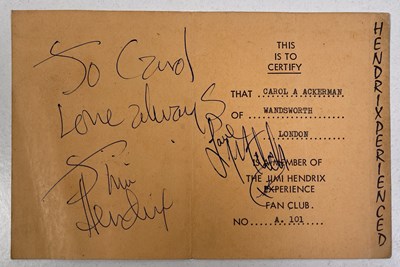 Lot 436 - JIMI HENDRIX AND MITCH MITCHELL - SIGNED FAN CLUB MEMBERSHIP CARD.