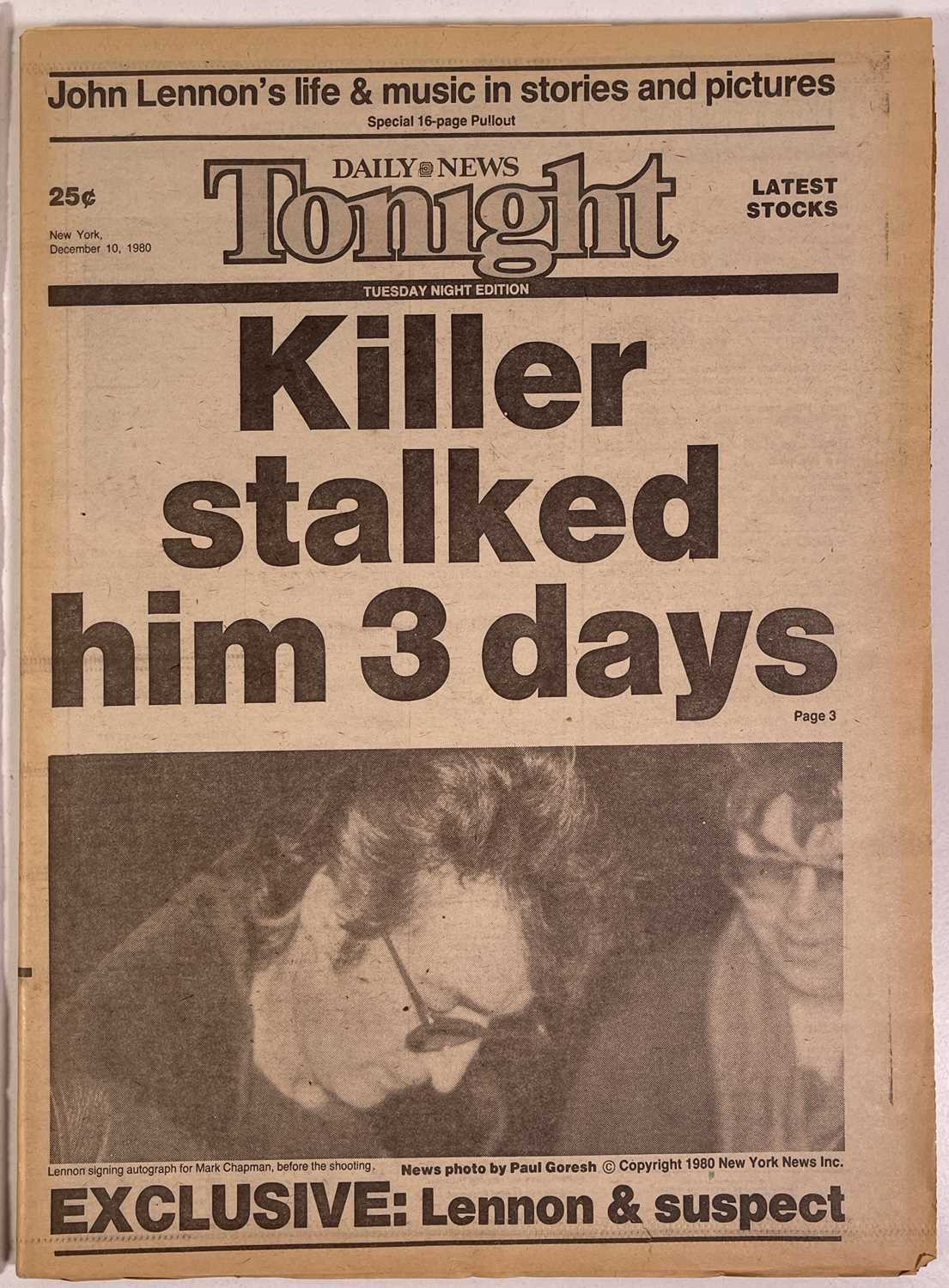 Lot 410 - JOHN LENNON DEATH NEWSPAPERS X 3