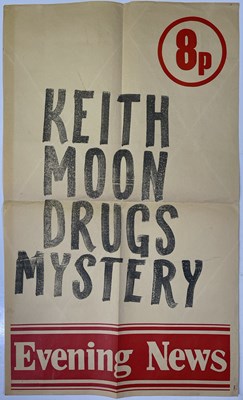 Lot 214 - THE WHO INTEREST - ORIGINAL NEWS BILLBOARD POSTER 'KEITH MOON DRUGS MYSTERY'.