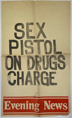 Lot 578 - THE SEX PISTOLS - 'SEX PISTOL ON DRUG CHARGE' NEWSPAPER BILLBOARD POSTER.