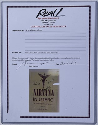 Lot 274 - NIRVANA - A FULLY SIGNED 'IN UTERO' MAGAZINE PAGE WITH EPPERSON COA.