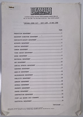 Lot 217 - INDIANA JONES AND THE LAST CRUSADE (1989) ORIGINAL LUCASFILM UNIT LIST.