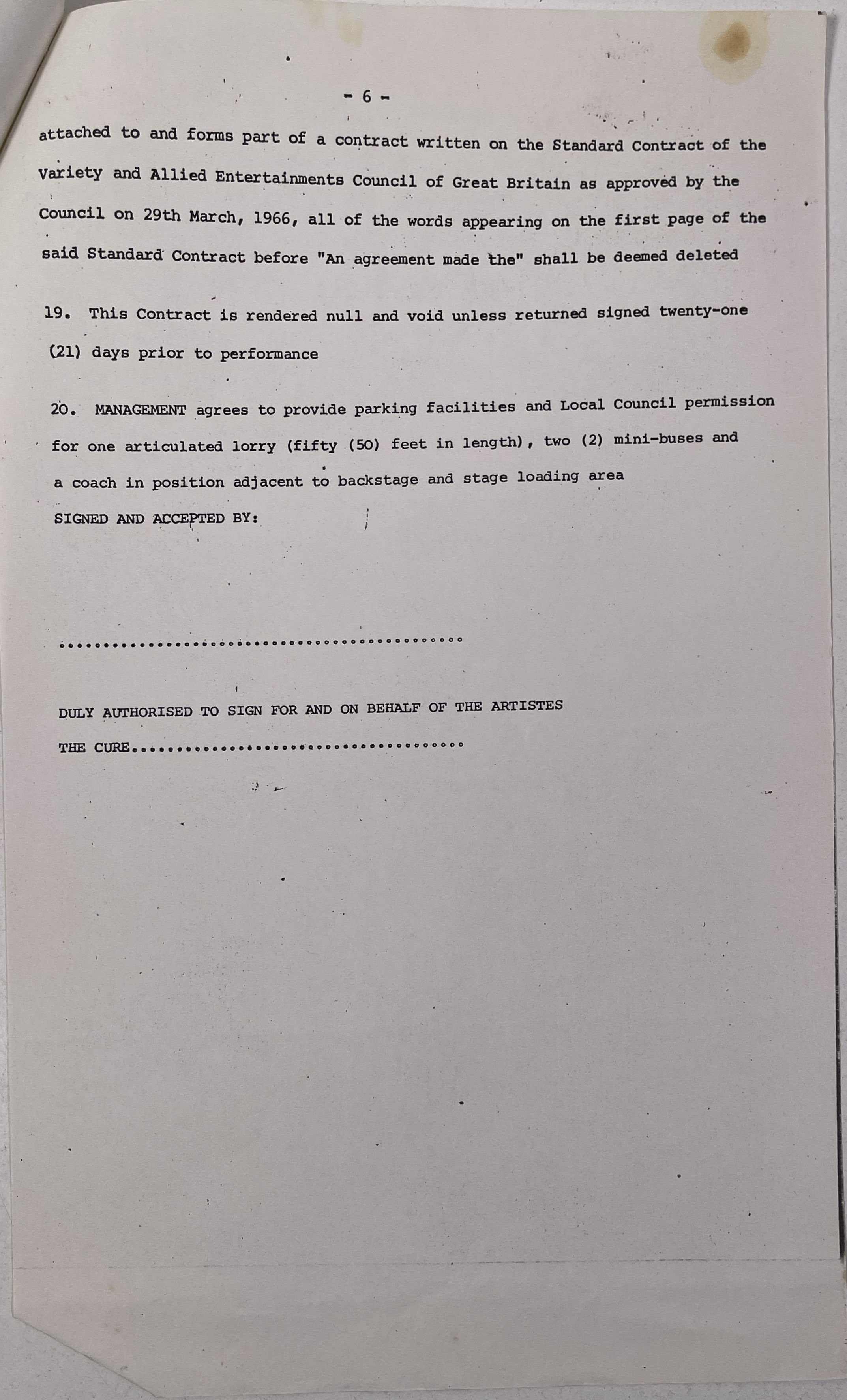 Concert Contract Lot 446 - THE CURE - OCTOBER 1980 CONCERT CONTRACT.