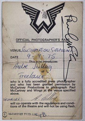 Lot 400 - THE BEATLES - PAUL MCCARTNEY SIGNED PHOTOGRAPHER PASS.