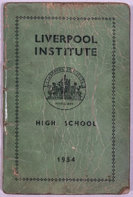 Lot 405 - THE BEATLES - A 1954 LIVERPOOL INSTITUTE GREEN BOOK - PAUL MCCARTNEY / GEORGE HARRISON / LENNON / ASPINALL.