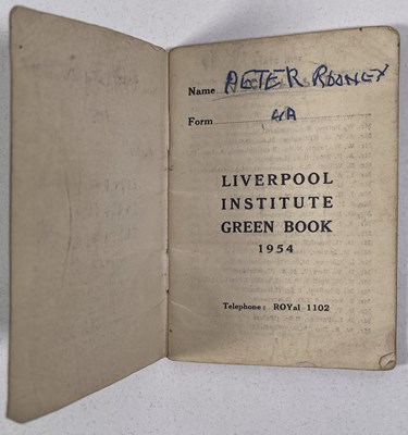 Lot 405 - THE BEATLES - A 1954 LIVERPOOL INSTITUTE GREEN BOOK - PAUL MCCARTNEY / GEORGE HARRISON / LENNON / ASPINALL.