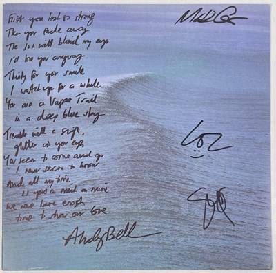 Lot 498 - RIDE - FULLY SIGNED HANDWRITTEN LYRIC SLEEVE FOR VAPOUR TRAIL.