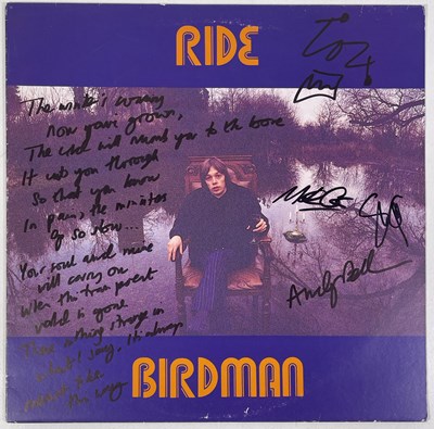 Lot 499 - RIDE - FULLY SIGNED BIRDMAN HANDWRITTEN LYRIC SLEEVE.