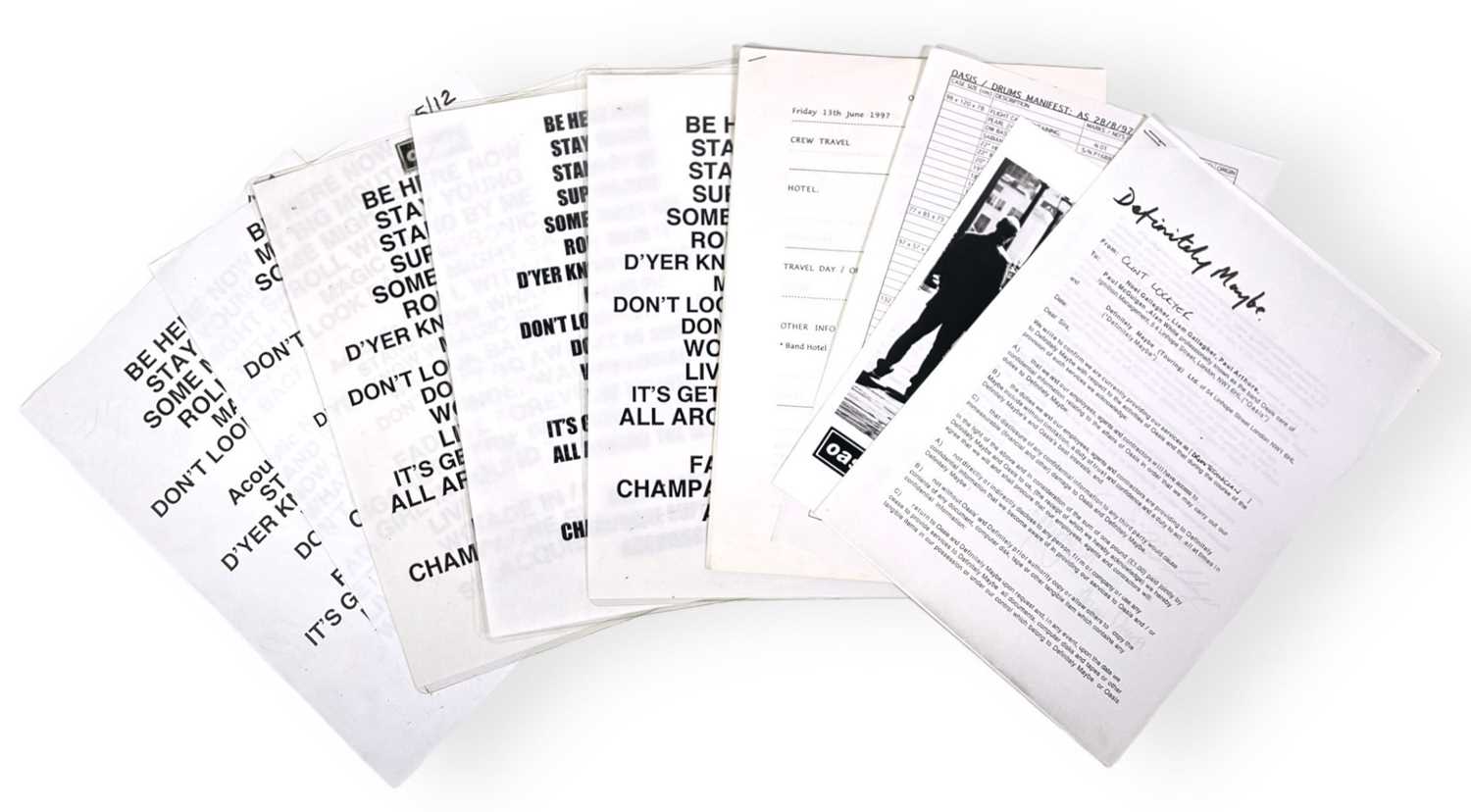 Lot 527 - OASIS - BE HERE NOW TOUR SETLISTS AND DOCUMENTS FROM DRUM TECH.